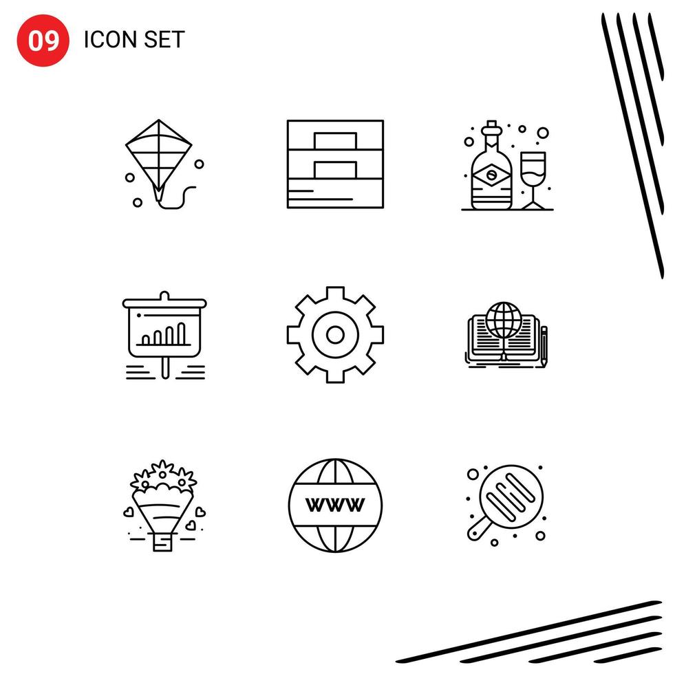 Stock Vector Icon Pack of 9 Line Signs and Symbols for gear business bottle analytics board Editable Vector Design Elements