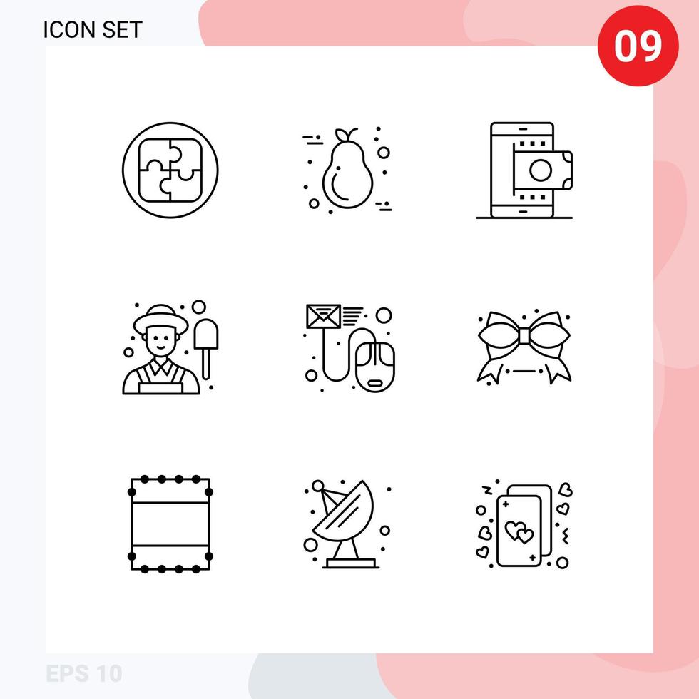 Set of 9 Vector Outlines on Grid for data male light farmer shopping Editable Vector Design Elements