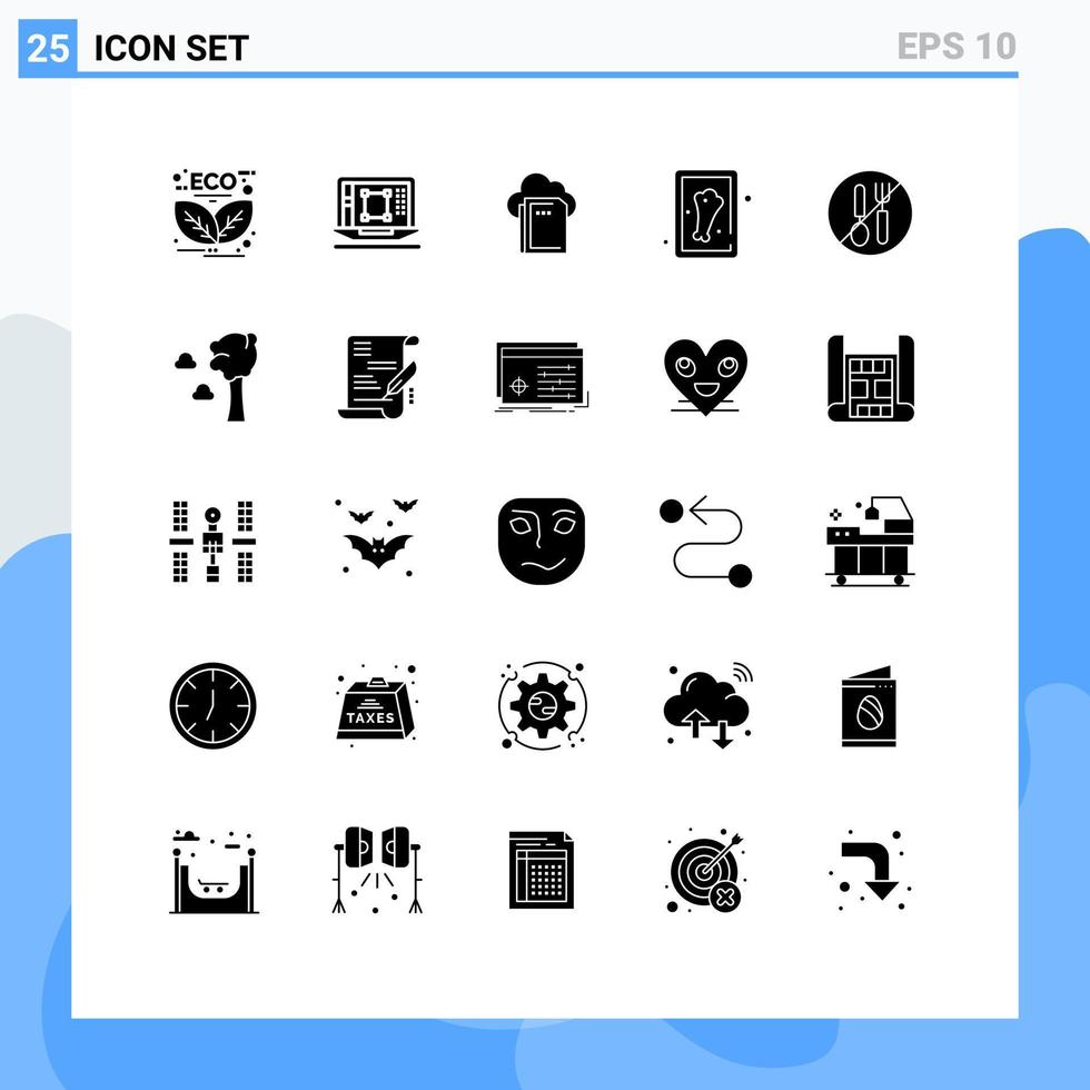 25 User Interface Solid Glyph Pack of modern Signs and Symbols of food leg enhance chicken data Editable Vector Design Elements