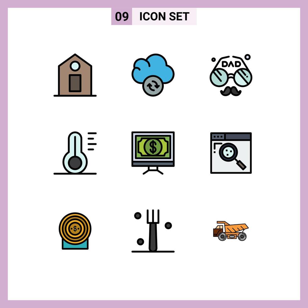 Group of 9 Modern Filledline Flat Colors Set for finance bank face weather temperature Editable Vector Design Elements