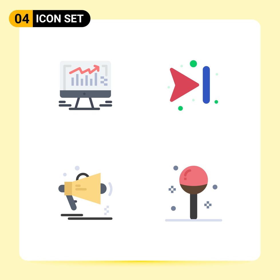 4 Universal Flat Icons Set for Web and Mobile Applications computer megaphone monitor skip loudspeaker Editable Vector Design Elements