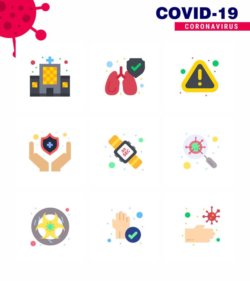 Covid19 Protection CoronaVirus Pendamic 9 Flat Color icon set such as  washing seconds notice hands hygiene protect viral coronavirus 2019nov disease Vector Design Elements