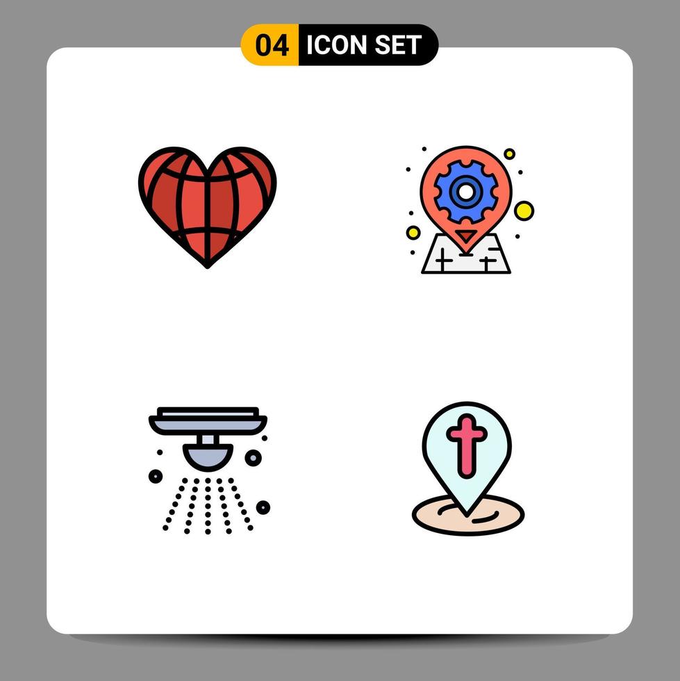4 User Interface Filledline Flat Color Pack of modern Signs and Symbols of heart pin favorite geo alert Editable Vector Design Elements