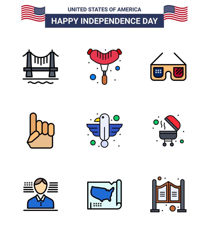 9 USA Flat Filled Line Signs Independence Day Celebration Symbols of bird american glasses american hand Editable USA Day Vector Design Elements