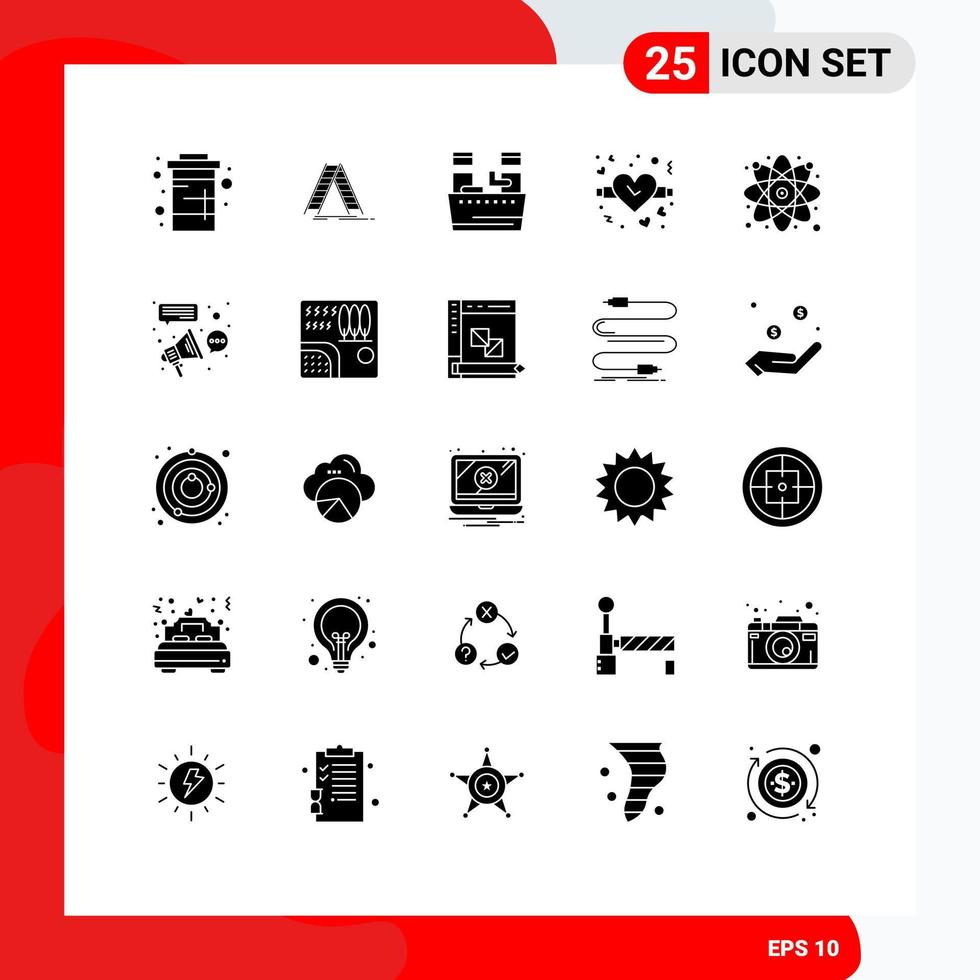 Mobile Interface Solid Glyph Set of 25 Pictograms of atom watch repair valentine wellness Editable Vector Design Elements