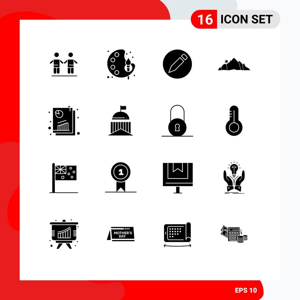 Mobile Interface Solid Glyph Set of 16 Pictograms of report scene basic mountain landscape Editable Vector Design Elements