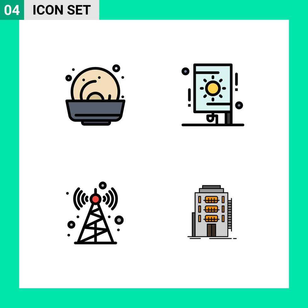 4 símbolos de signos de color plano de línea de llenado universal de elementos de diseño de vector editables de ciudad de fiesta de celebración de torre de mejillón