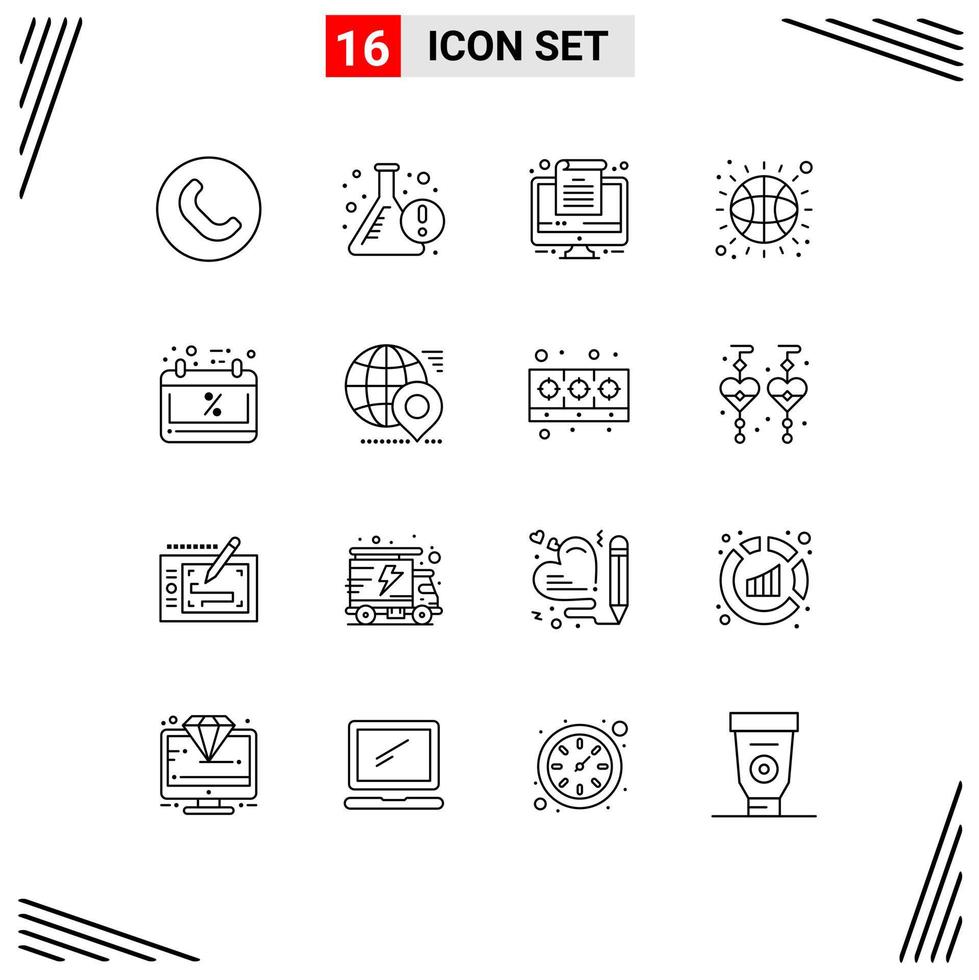 User Interface Pack of 16 Basic Outlines of globe friday document calendar sport Editable Vector Design Elements