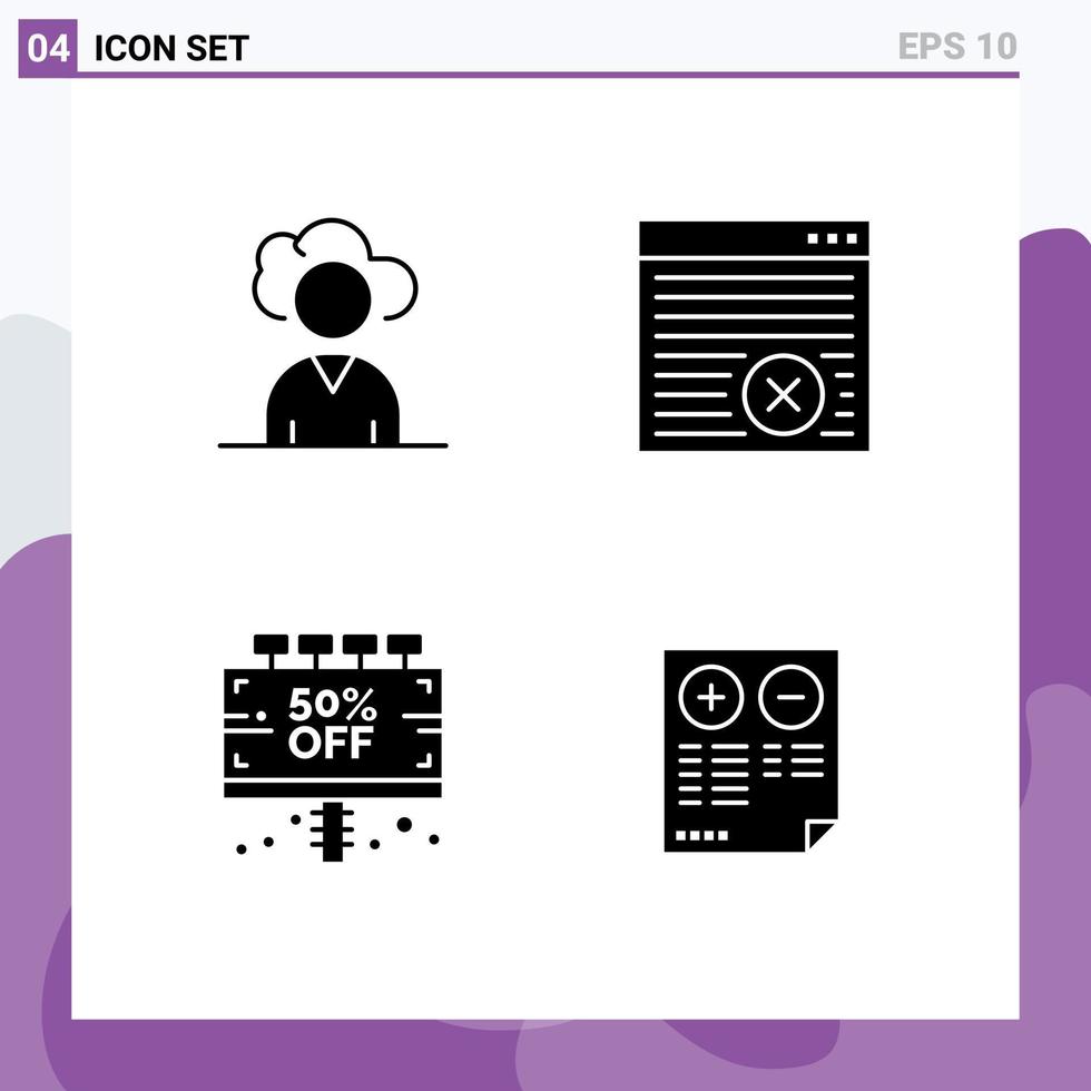 grupo de 4 signos y símbolos de glifos sólidos para la página web del navegador de venta en la nube que ofrece elementos de diseño de vectores editables