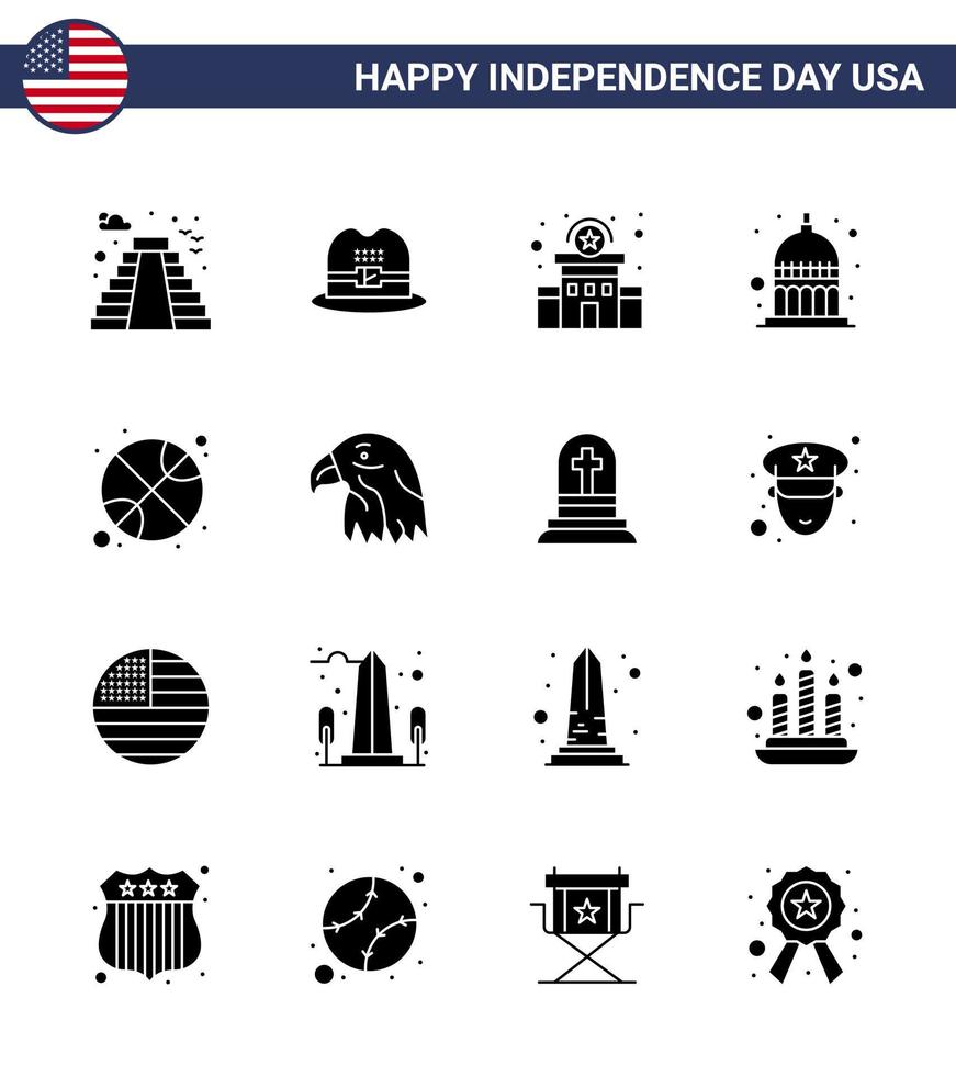 conjunto de 16 paquetes de glifos sólidos modernos en el día de la independencia de estados unidos deportes policía de baloncesto estados unidos indianapolis elementos de diseño vectorial editables del día de estados unidos vector