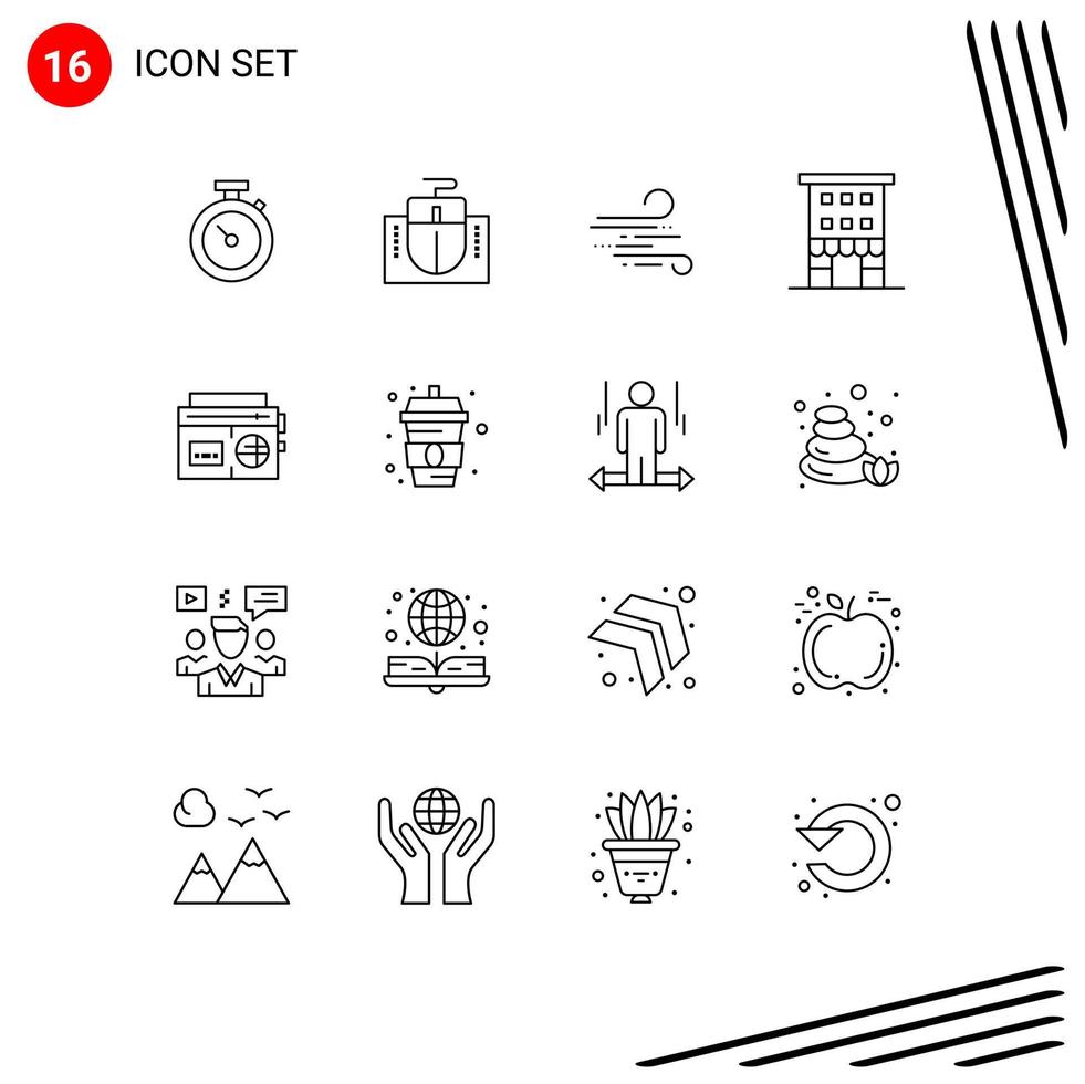 Stock Vector Icon Pack of 16 Line Signs and Symbols for tape shop front blow retail buildings Editable Vector Design Elements