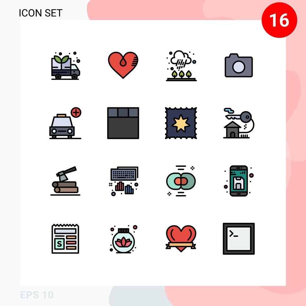 conjunto moderno de 16 líneas y símbolos rellenos de color plano, como más elementos básicos de diseño de vectores creativos editables de cámara fotográfica de otoño
