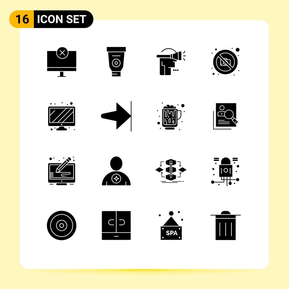 Modern Set of 16 Solid Glyphs and symbols such as monitor no mechanic image virtual reality Editable Vector Design Elements
