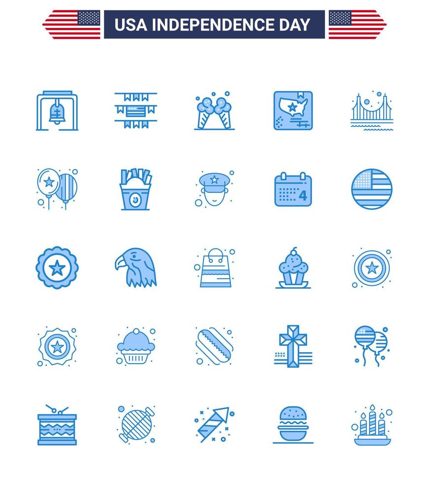 USA Independence Day Blue Set of 25 USA Pictograms of golden bridge ice world flag Editable USA Day Vector Design Elements