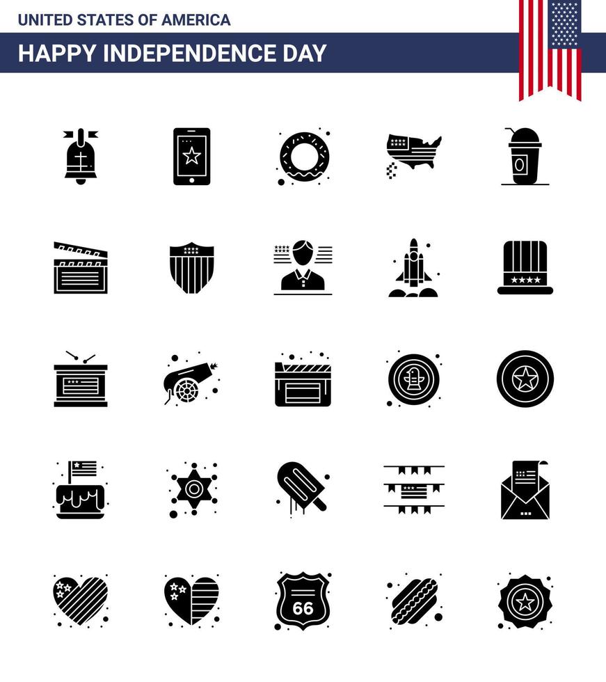 Pack of 25 creative USA Independence Day related Solid Glyph of limonade america donut usa map Editable USA Day Vector Design Elements