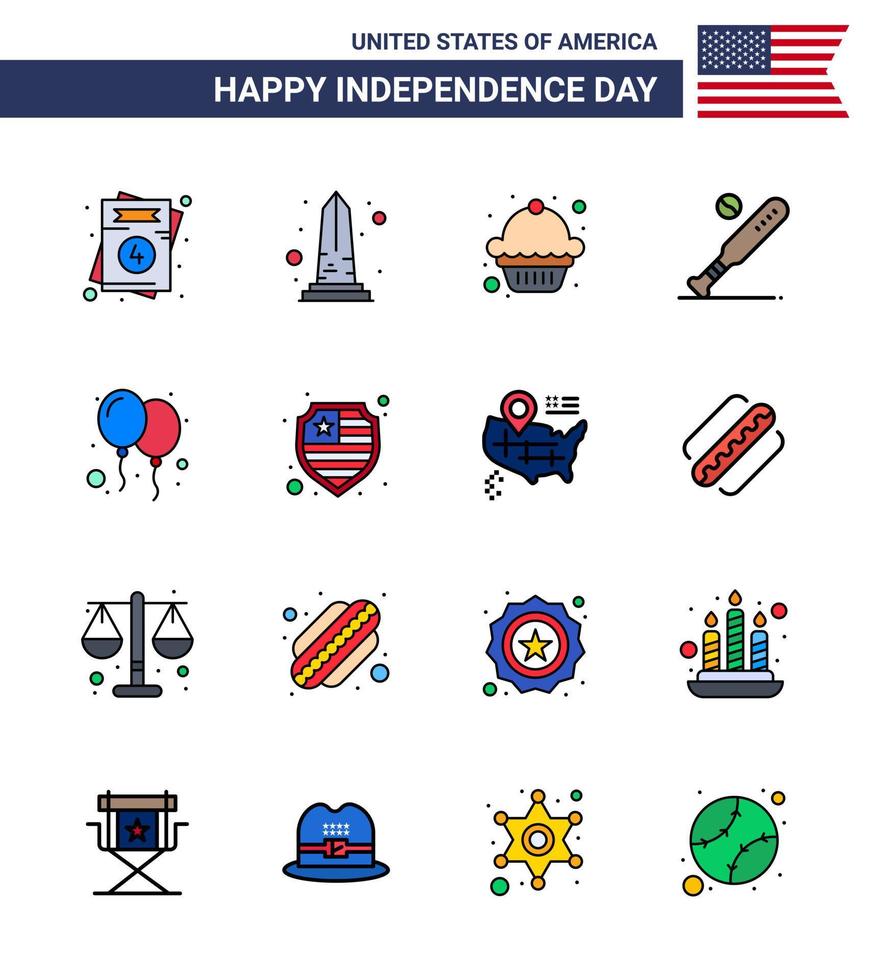 Editable Vector Line Pack of USA Day 16 Simple Flat Filled Lines of balloons sports washington bat ball Editable USA Day Vector Design Elements