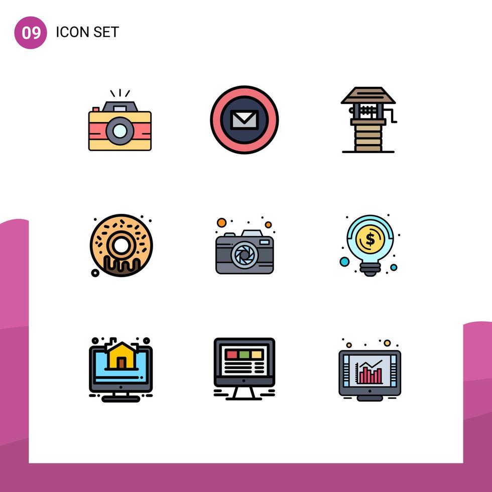 User Interface Pack of 9 Basic Filledline Flat Colors of picture camera agriculture donut food Editable Vector Design Elements