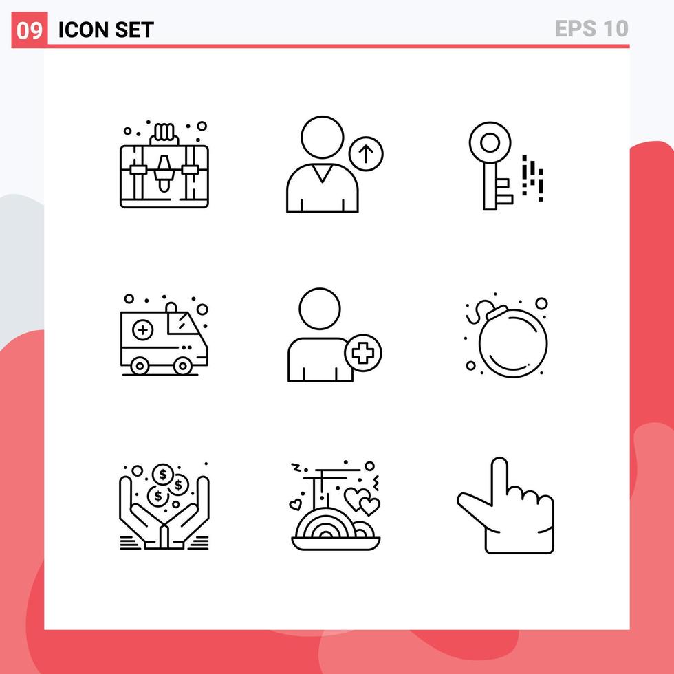 Modern Set of 9 Outlines Pictograph of bomb man security multimedia medical Editable Vector Design Elements