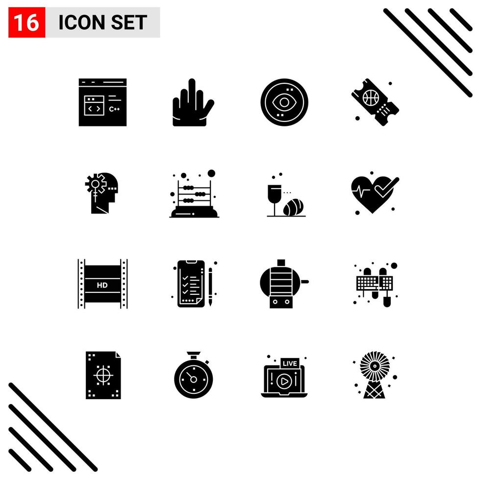 Pictogram Set of 16 Simple Solid Glyphs of critical ticket browser sport view Editable Vector Design Elements