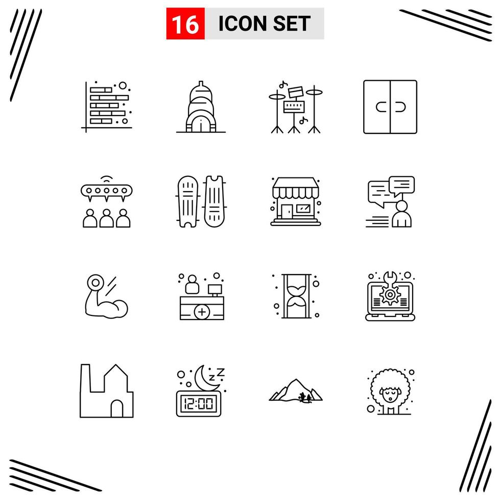 paquete de esquema de 16 símbolos universales para compartir elementos de diseño de vectores editables de decoración interior de tambor de grupo