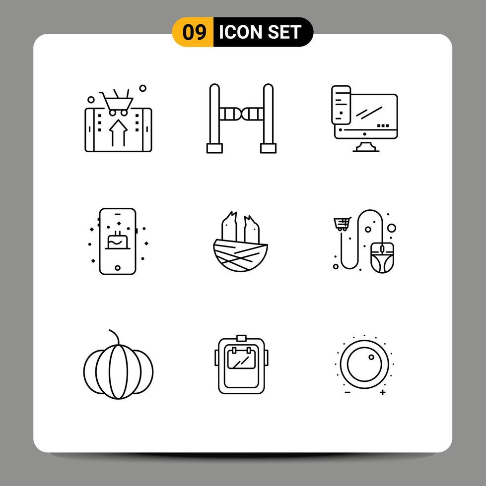 Editable Vector Line Pack of 9 Simple Outlines of bird cake computer mobile server Editable Vector Design Elements