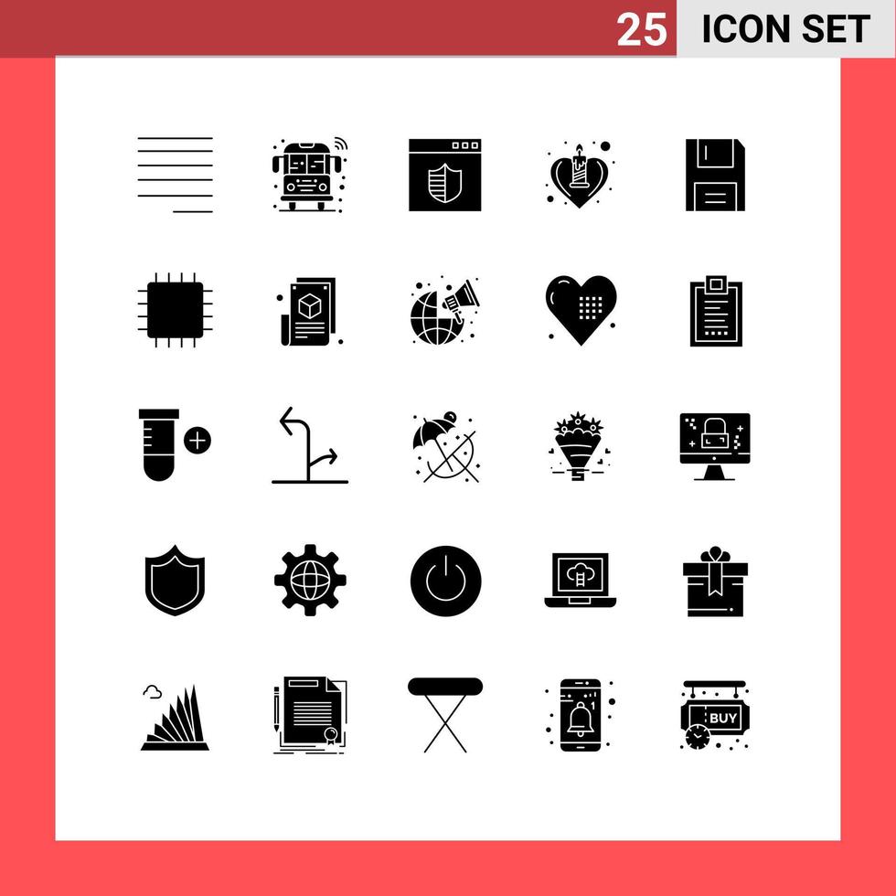 Pack of 25 creative Solid Glyphs of electronics devices secure romance heart Editable Vector Design Elements