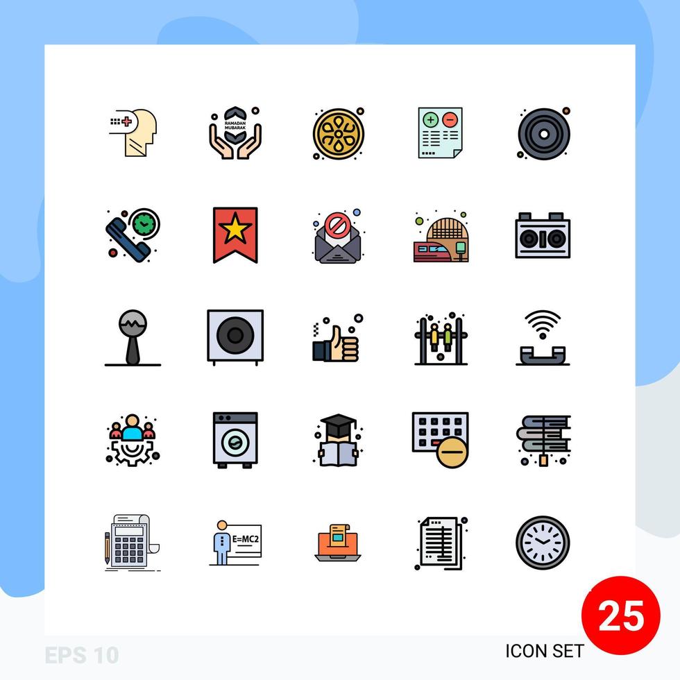 Mobile Interface Filled line Flat Color Set of 25 Pictograms of disk minus lemon plus cons Editable Vector Design Elements
