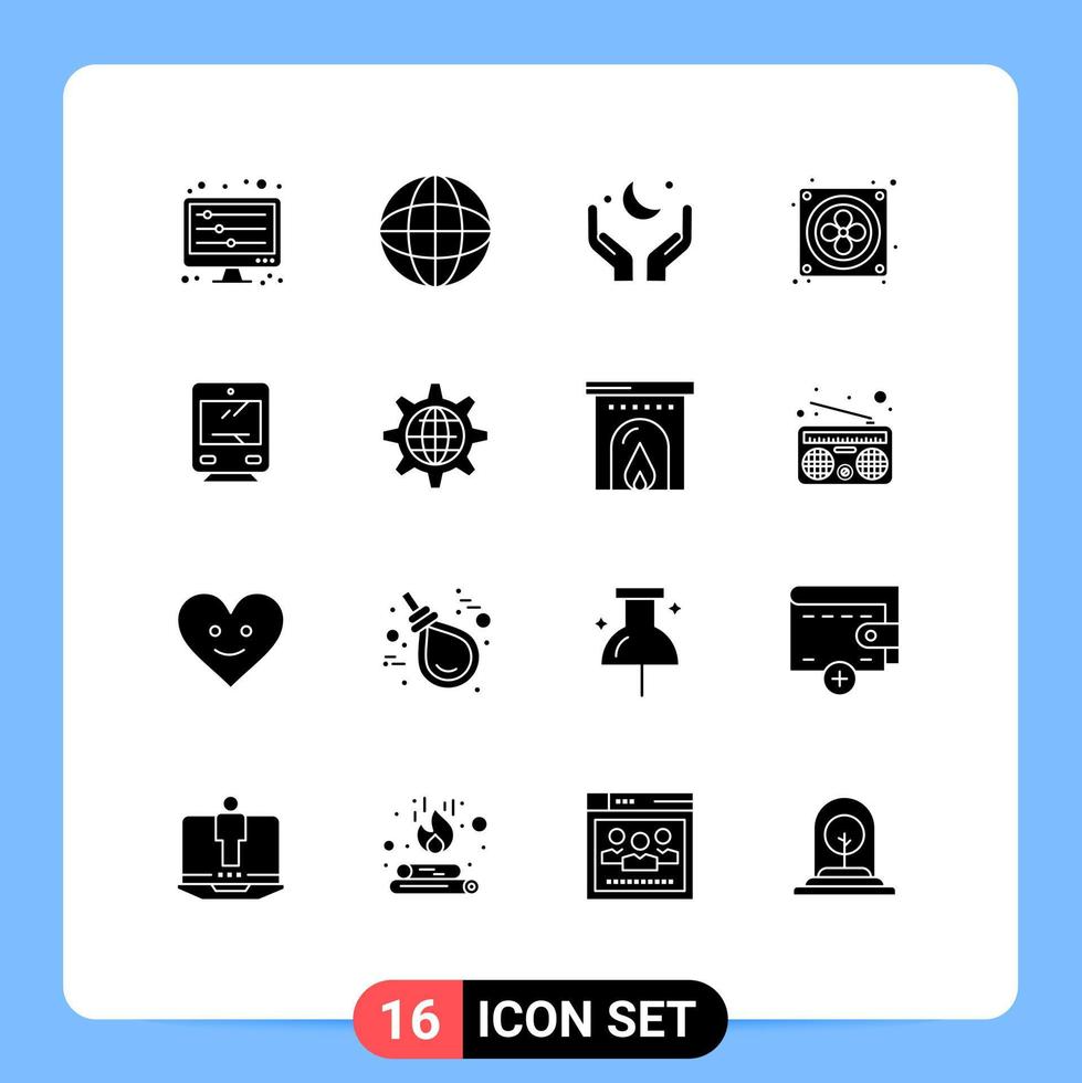 Pack of 16 Modern Solid Glyphs Signs and Symbols for Web Print Media such as transport hardware pray fan eid Editable Vector Design Elements