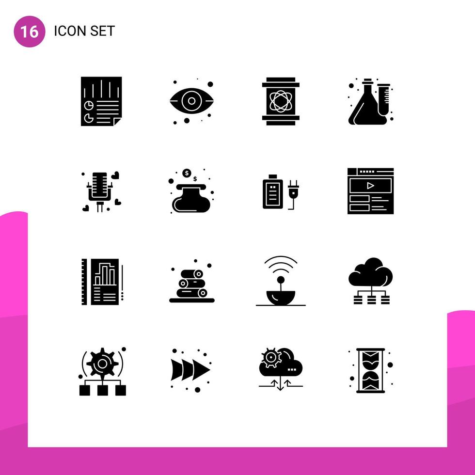 Group of 16 Solid Glyphs Signs and Symbols for laboratory experiment view culture space Editable Vector Design Elements