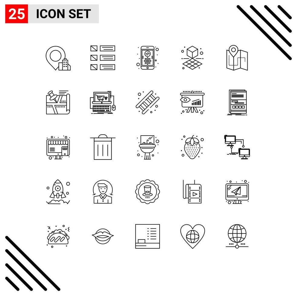 25 User Interface Line Pack of modern Signs and Symbols of plan map app shape cube Editable Vector Design Elements