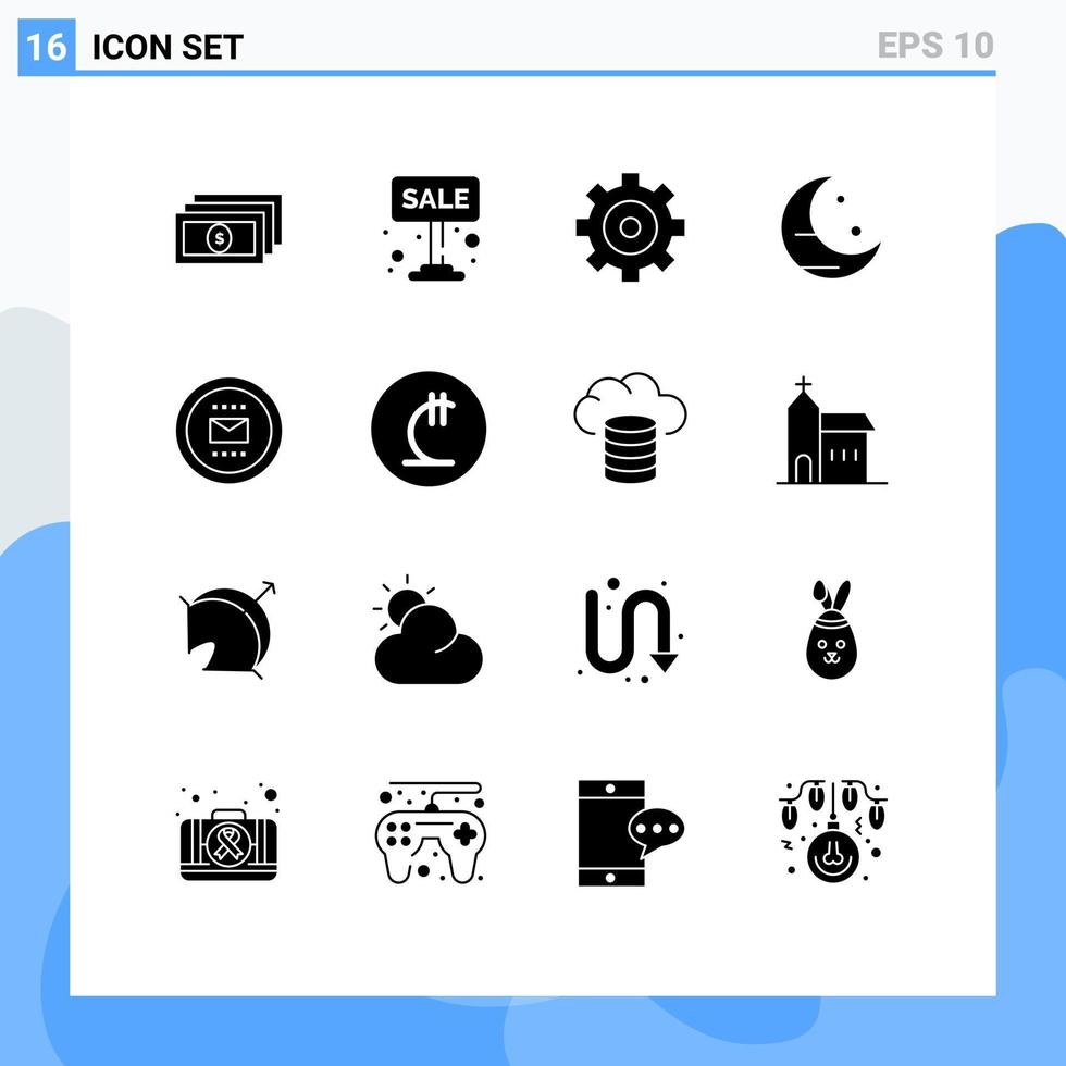 Mobile Interface Solid Glyph Set of 16 Pictograms of secretary job control envelope moon Editable Vector Design Elements