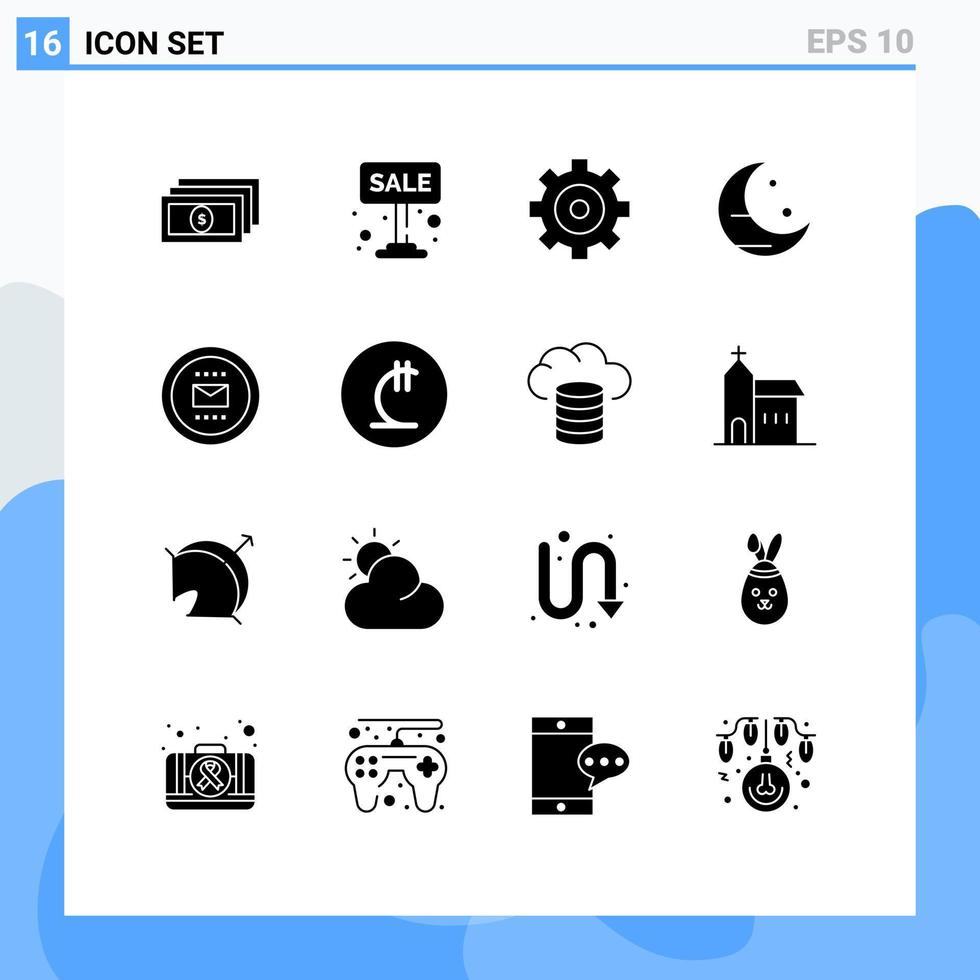 conjunto de glifos sólidos de interfaz móvil de 16 pictogramas de sobre de control de trabajo de secretaria luna elementos de diseño vectorial editables vector