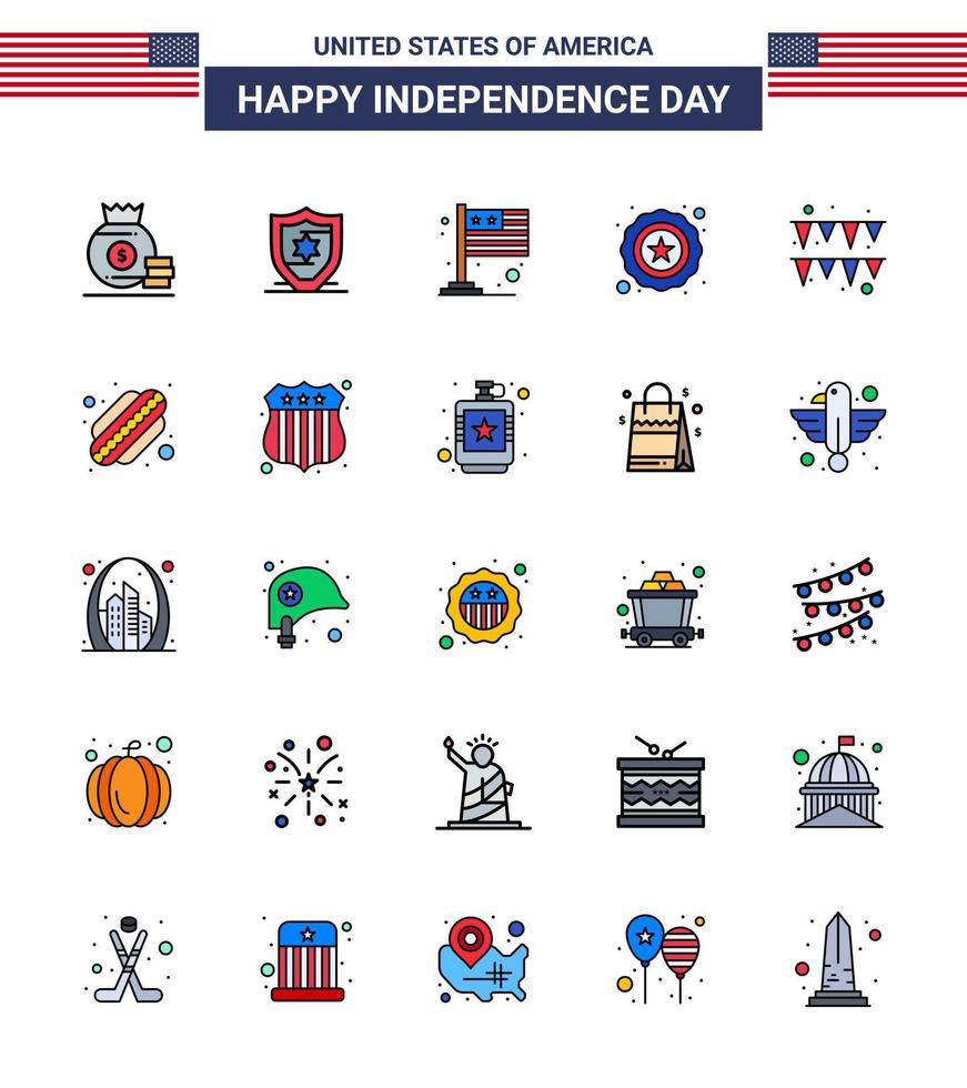 Group of 25 Flat Filled Lines Set for Independence day of United States of America such as american garland flag festival star Editable USA Day Vector Design Elements