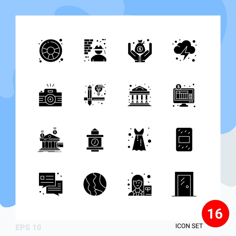 Modern Set of 16 Solid Glyphs and symbols such as photography cloud worker power electricity Editable Vector Design Elements