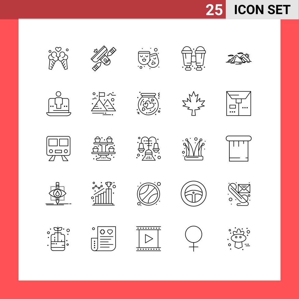 User Interface Pack of 25 Basic Lines of hill travel transmitter camping film Editable Vector Design Elements