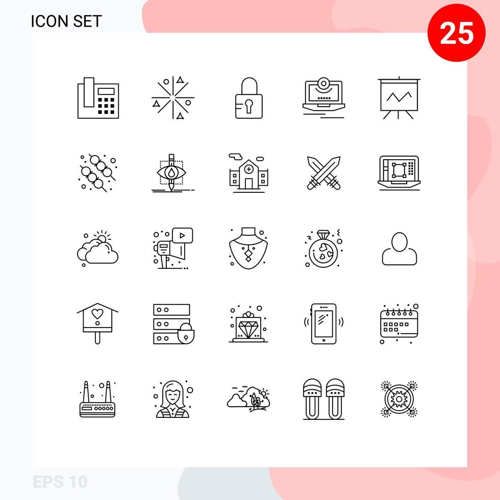Pack of 25 creative Lines of presentation analytics locked video computer Editable Vector Design Elements