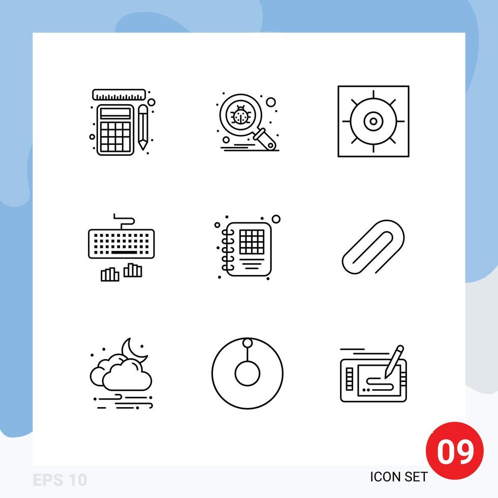 Universal Icon Symbols Group of 9 Modern Outlines of management business control typing interface Editable Vector Design Elements
