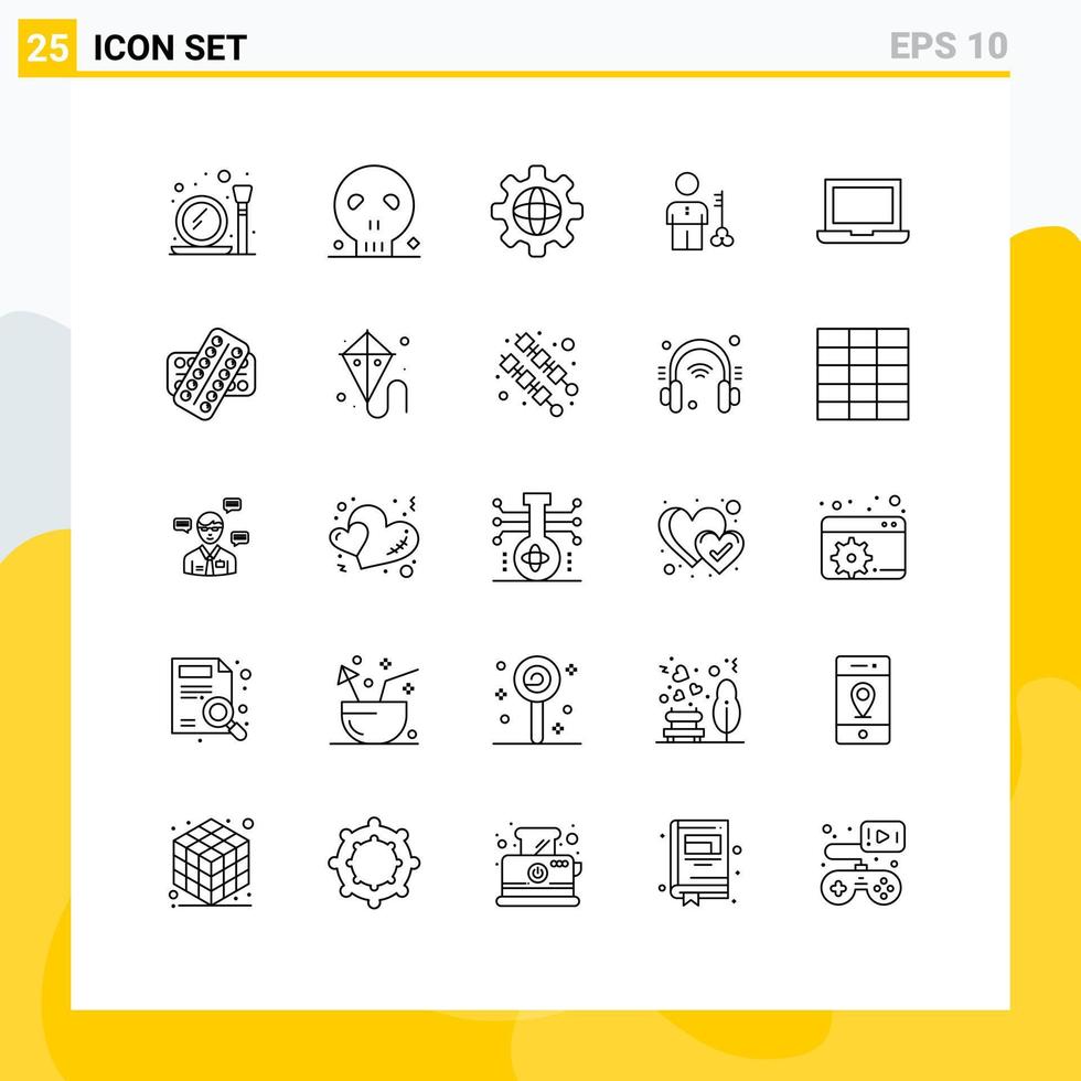 Set of 25 Vector Lines on Grid for security person globe man key Editable Vector Design Elements