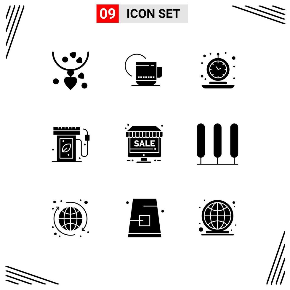 Pictogram Set of 9 Simple Solid Glyphs of monitor energy alarm ecology time Editable Vector Design Elements