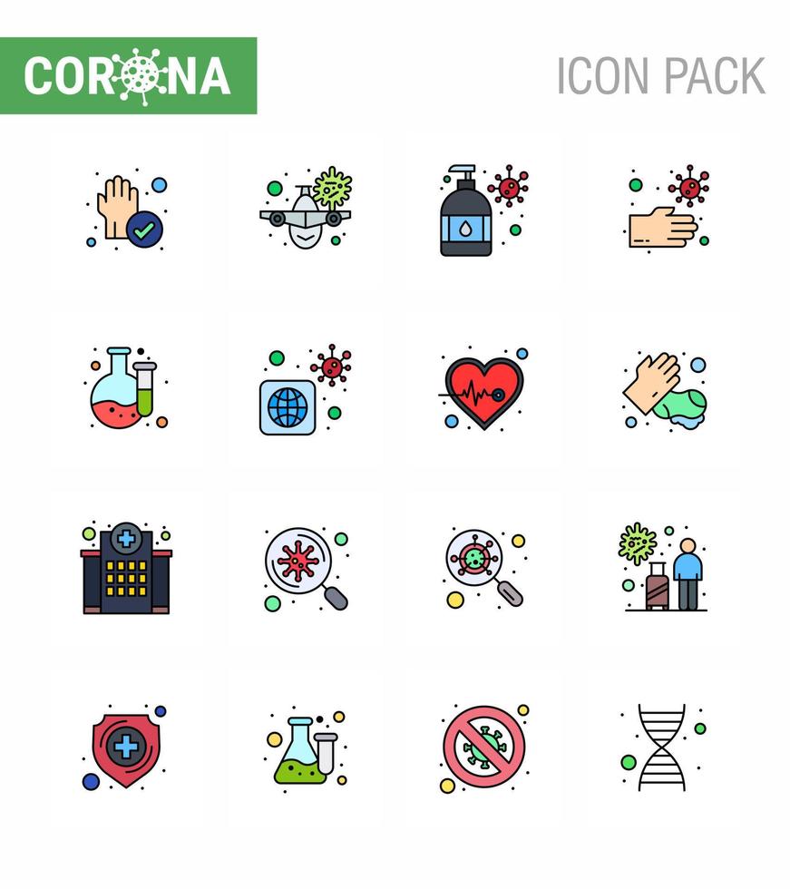 Covid19 icon set for infographic 16 Flat Color Filled Line pack such as chemical hands virus dirty virus protection viral coronavirus 2019nov disease Vector Design Elements