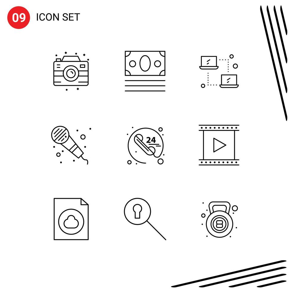 User Interface Pack of 9 Basic Outlines of communication anytime computing microphone audio Editable Vector Design Elements