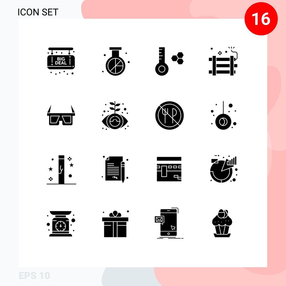 Pack of 16 Modern Solid Glyphs Signs and Symbols for Web Print Media such as eyewear party bomb temperature firework dynamite Editable Vector Design Elements