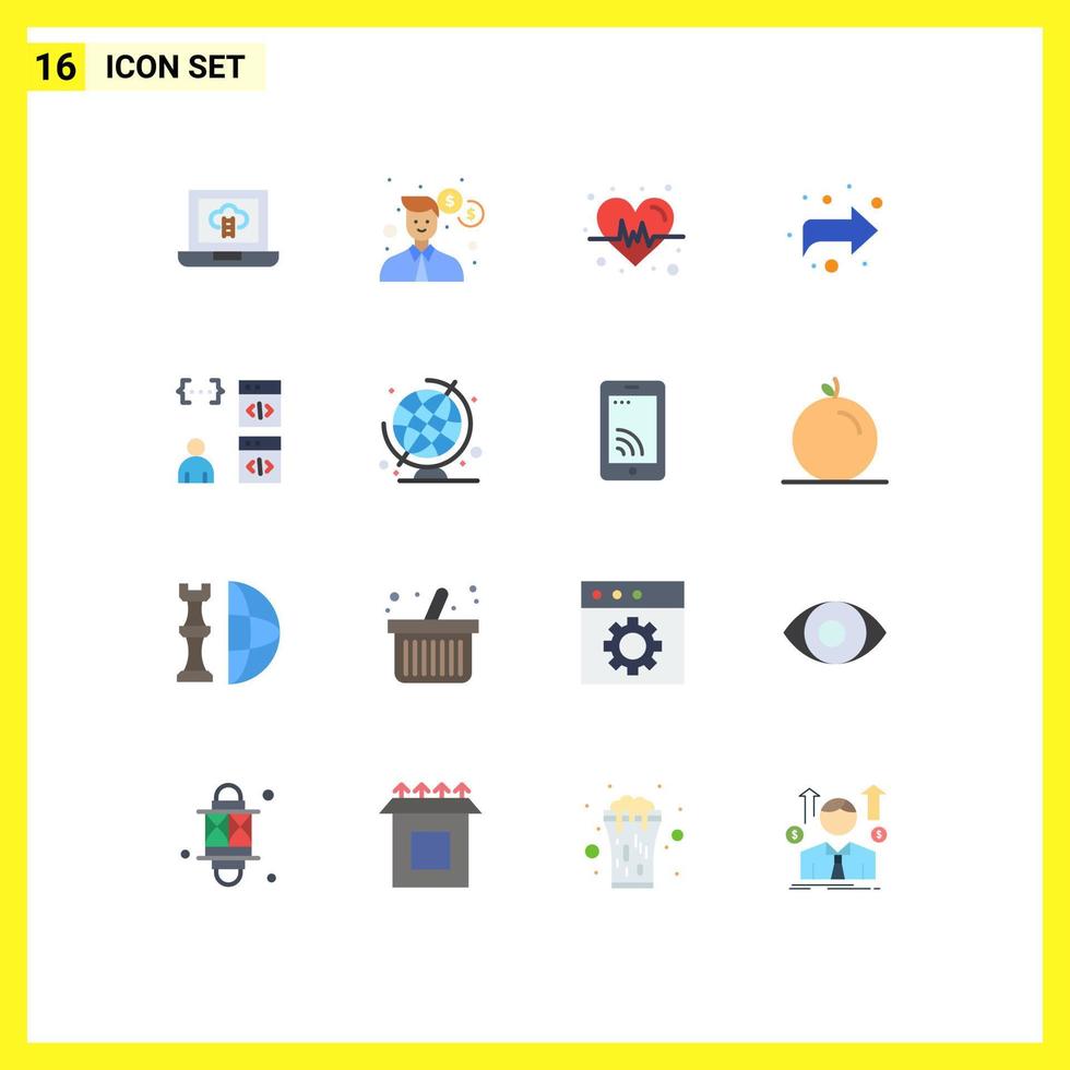 Modern Set of 16 Flat Colors Pictograph of development coding heart browser right Editable Pack of Creative Vector Design Elements