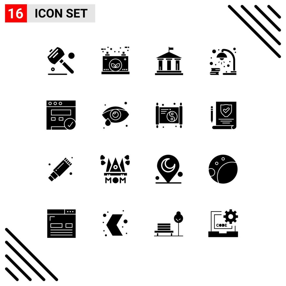 Pack of 16 Modern Solid Glyphs Signs and Symbols for Web Print Media such as browser revision bank light book Editable Vector Design Elements