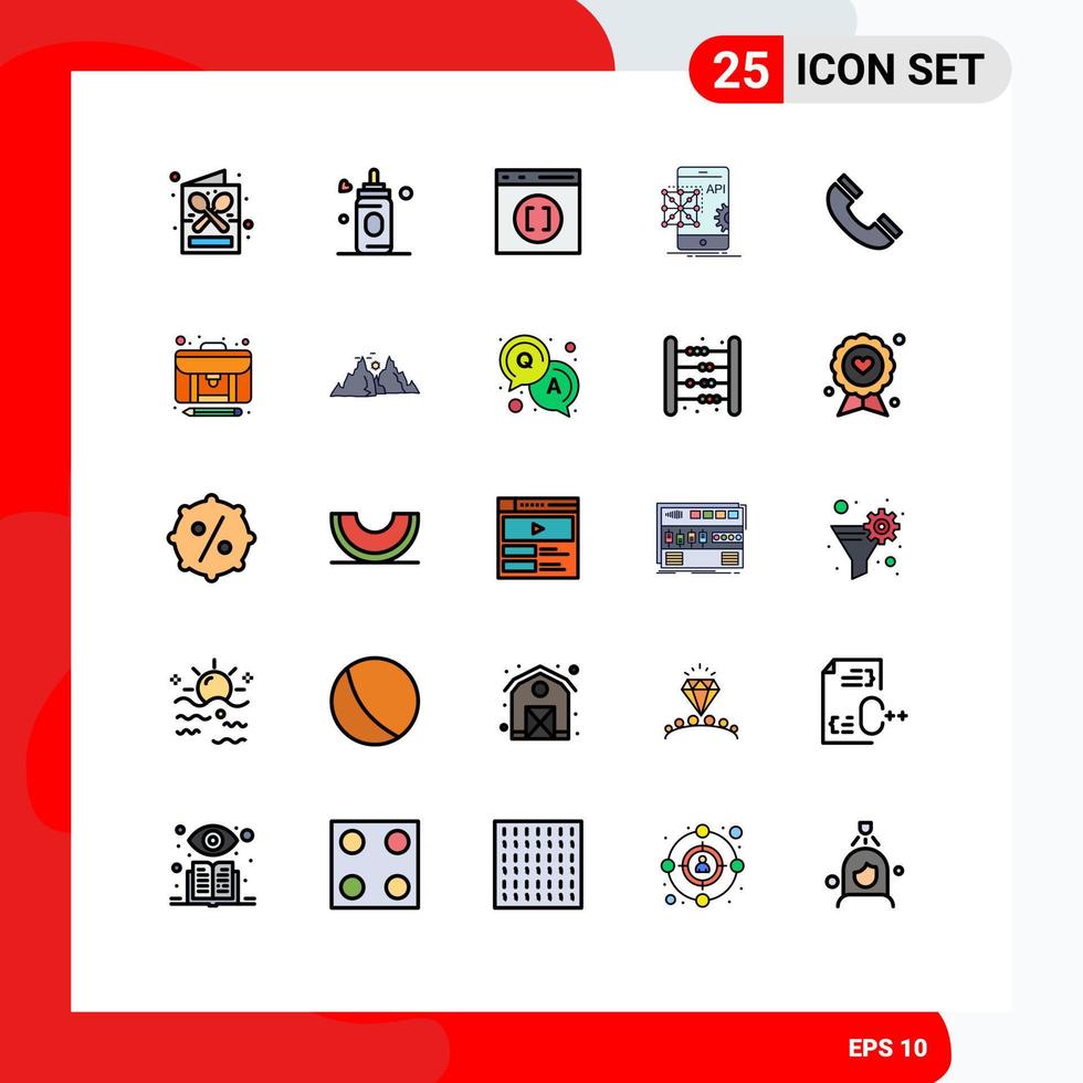 conjunto de 25 paquetes de colores planos de línea rellena comercial para desarrollo de llamadas codificación de navegador elementos de diseño vectorial editables api vector