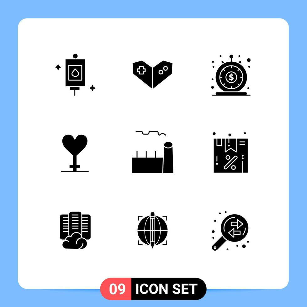 Pack of 9 creative Solid Glyphs of cooling tower boiler instant symbol heart Editable Vector Design Elements