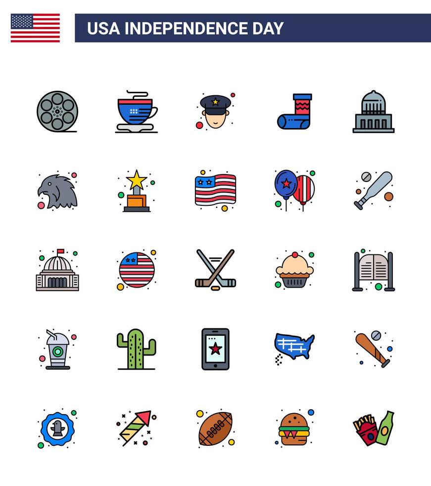 Set of 25 Modern Flat Filled Lines pack on USA Independence Day usa city officer building festivity Editable USA Day Vector Design Elements