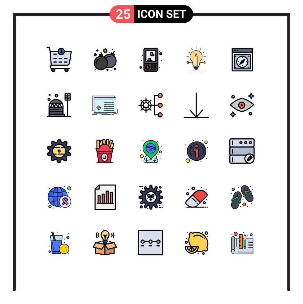 25 User Interface Filled line Flat Color Pack of modern Signs and Symbols of browser light fun solution bulb Editable Vector Design Elements