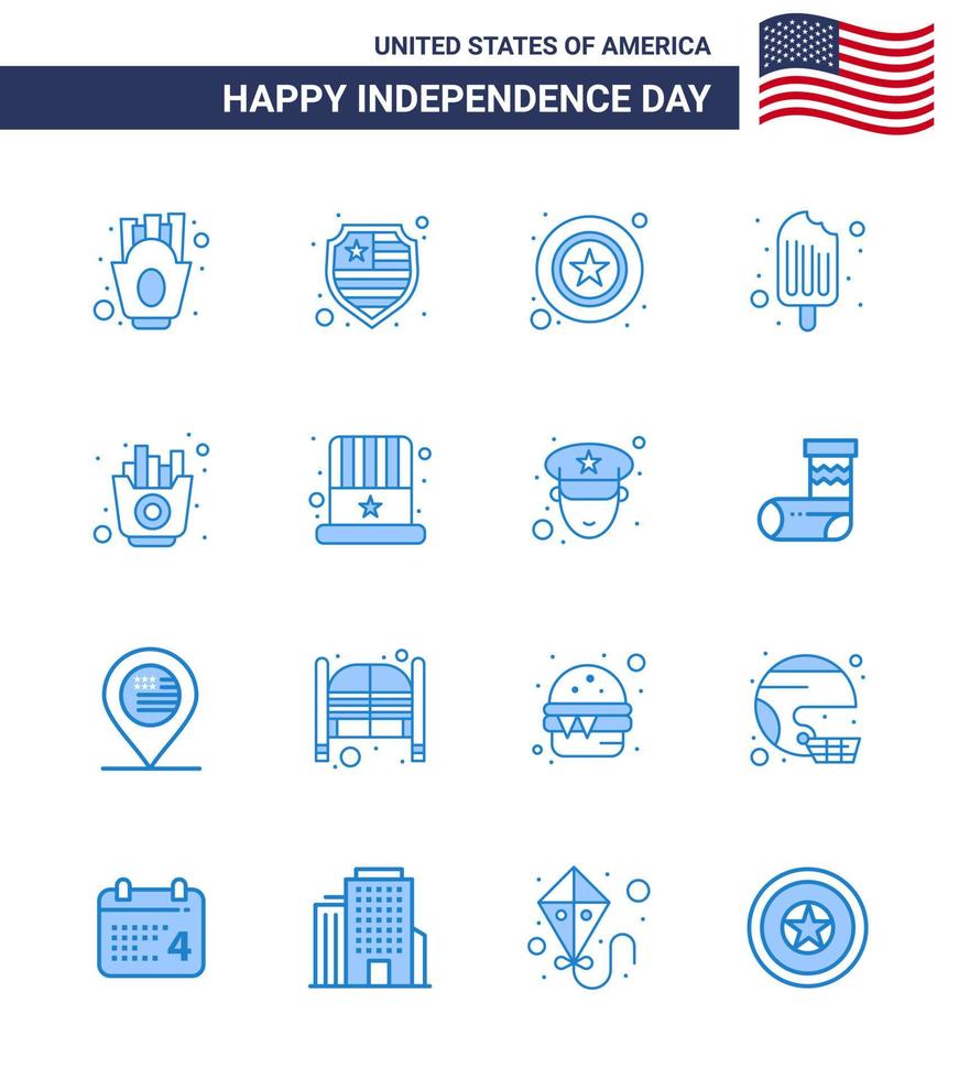 Blue Pack of 16 USA Independence Day Symbols of fries fast police ice cream cream Editable USA Day Vector Design Elements