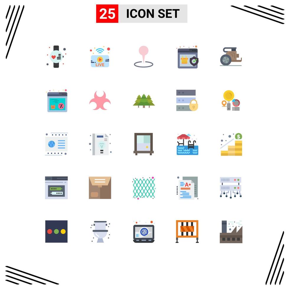 User Interface Pack of 25 Basic Flat Colors of old chariot map shopping shield Editable Vector Design Elements